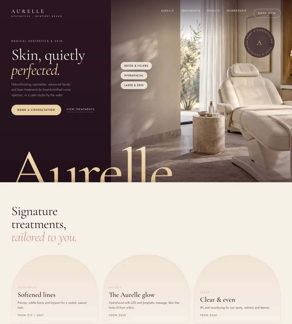 Med spa website design for Aurelle Aesthetics, shown on a laptop