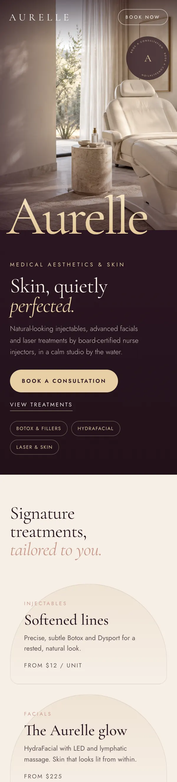 Med spa website design for Aurelle Aesthetics, shown on a phone