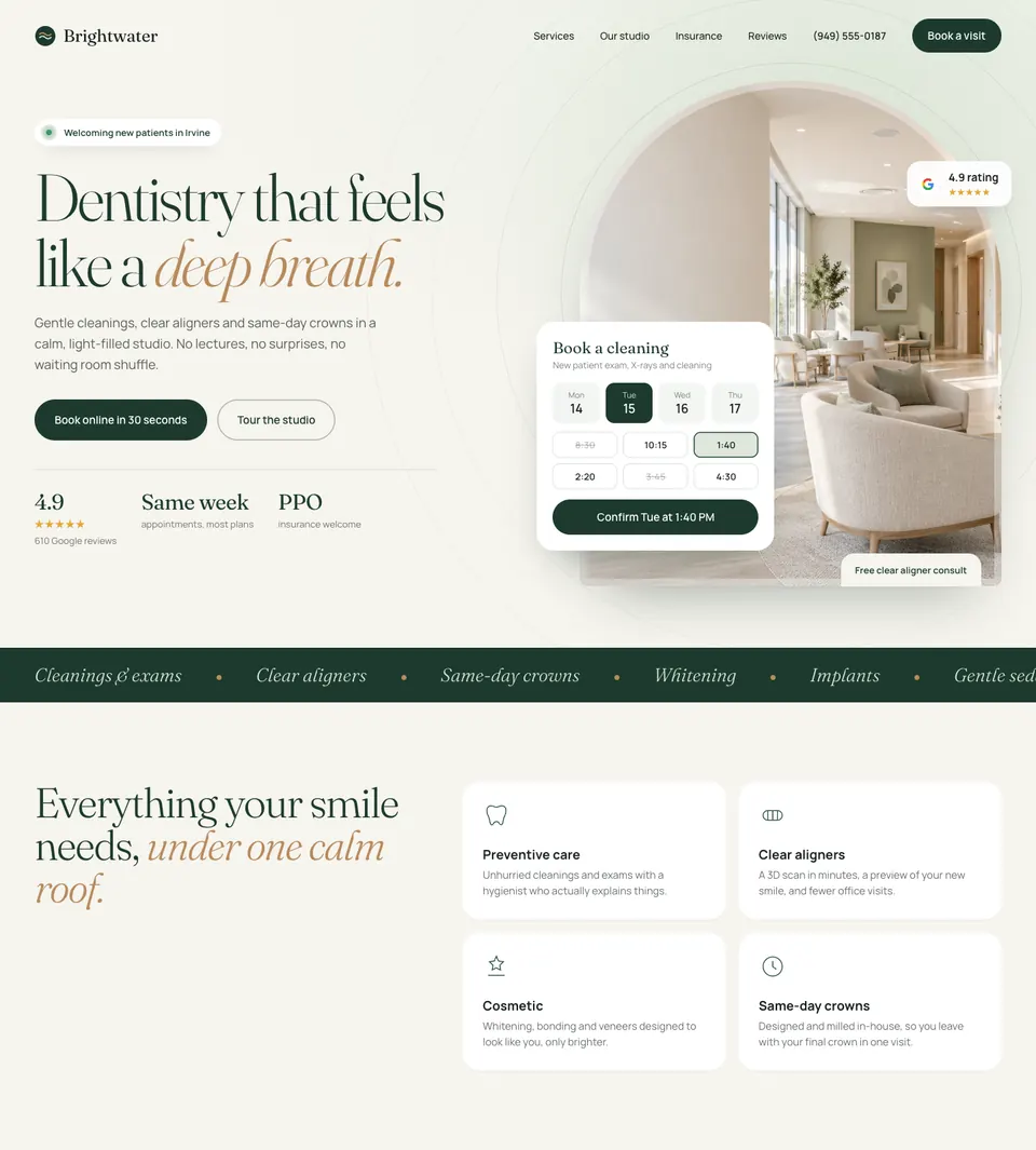 Dental office website design for Brightwater Dental Studio, shown on a laptop