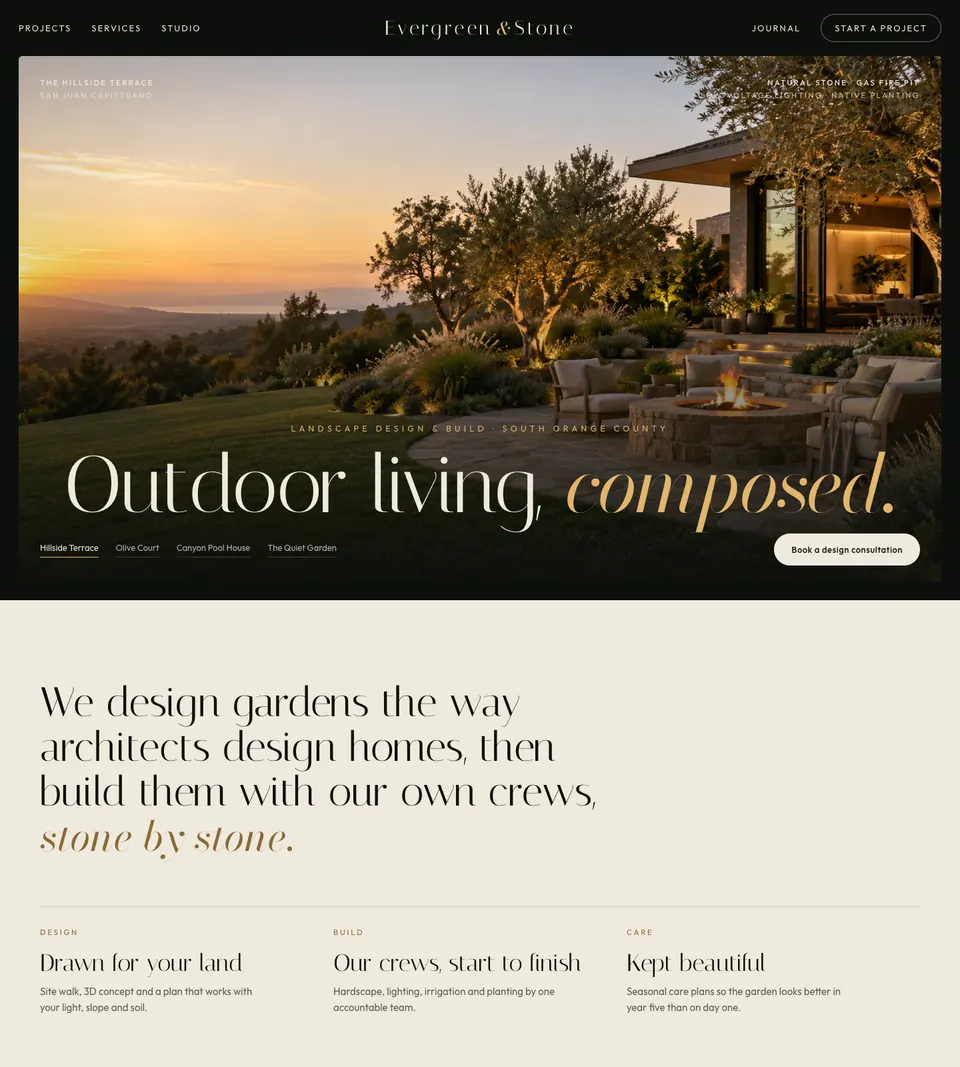 Landscape design company website design for Evergreen & Stone, shown on a laptop