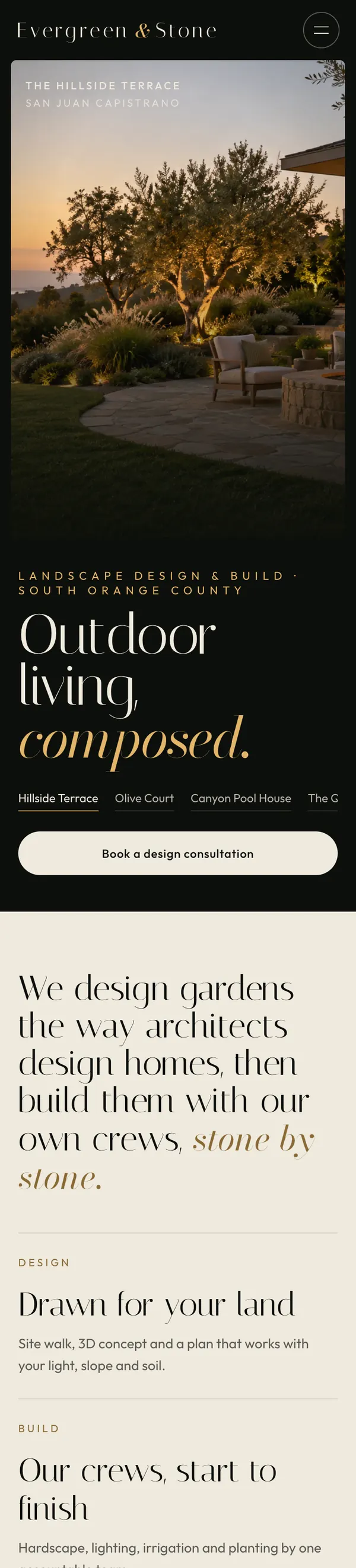 Landscape design company website design for Evergreen & Stone, shown on a phone
